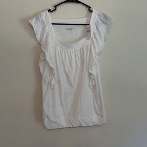 NWT Loft L White Flutter Sleeve Ruffle Blouse Smocked Square‎ Neck Cotton Top